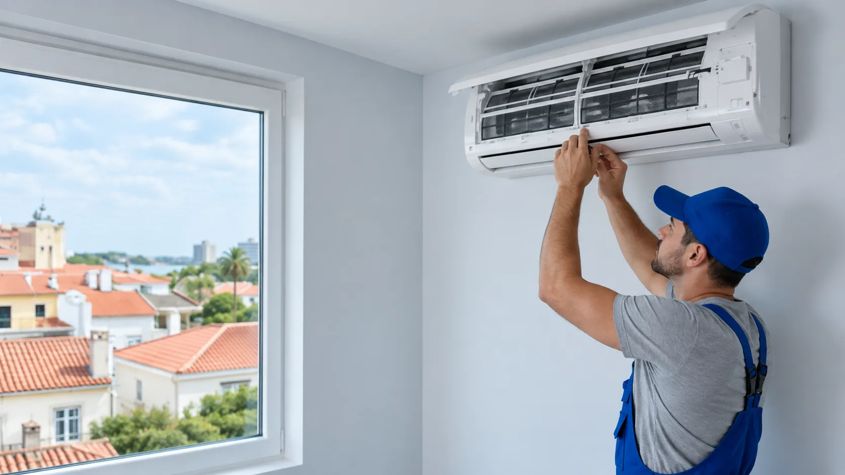 Técnico de MR realizando mantenimiento a un aire acondicionado